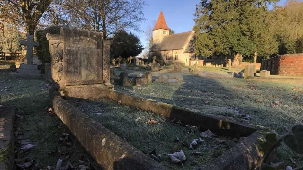 A churchyard covered in frost